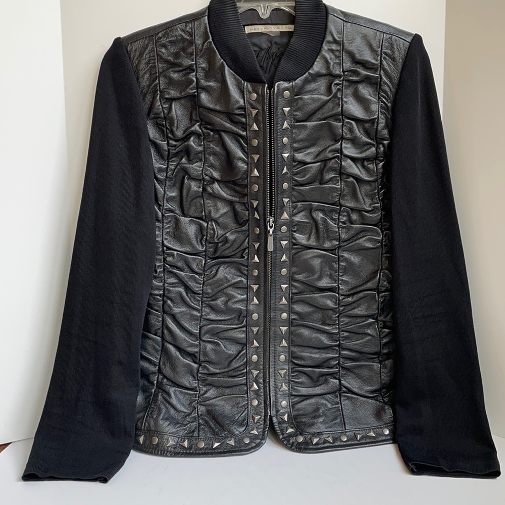Peter Nygard leather & stretch knit ruched studded jacket size Medium